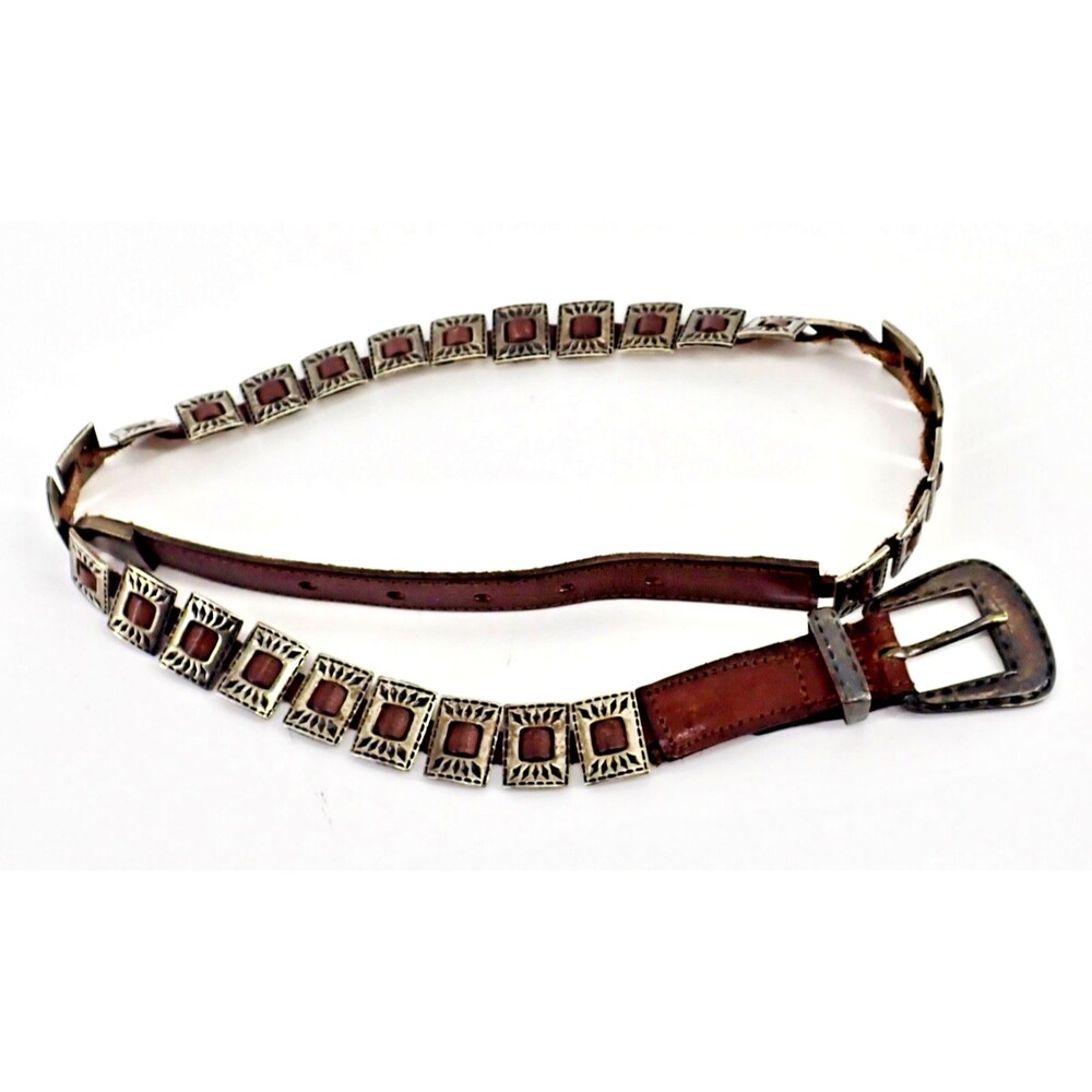 Western Brown Genuine Leather Unisex Belt Solid Brass Square Concha Panels 37"